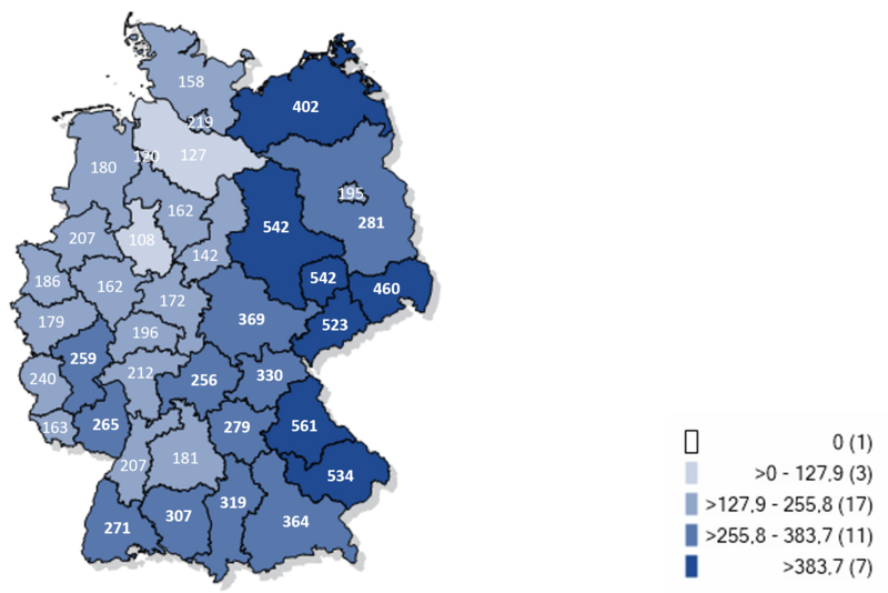 Kartographische Darstellung gemeldeter laborbestätgter Influenzafälle in Deutschland 2023/24 (Inzidenz pro 100.000 Einwohner)