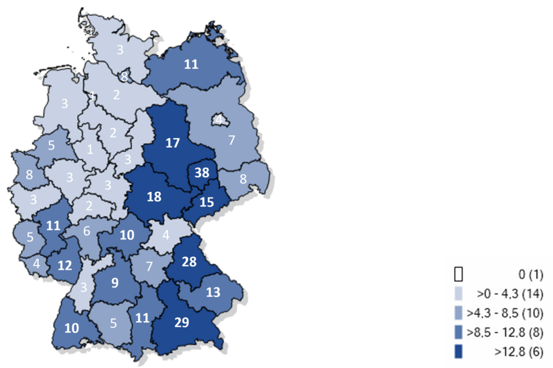 Kartographische Darstellung gemeldeter F&auml;lle an Keuchhustenerkrankung auf Gebietsebene pro 100.000 Einwohnern in Deutschland 2026