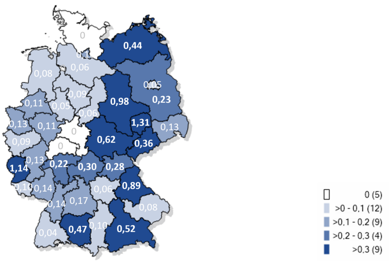 Kartographische Darstellung gemeldeter Fälle an Keuchhustenerkrankungen pro 100.000 Einwohnern 2026 Kartographische Darstellung gemeldeter Fälle an Keuchhustenerkrankung auf Gebietsebene pro 100.000 Einwohnern in Deutschland 2026