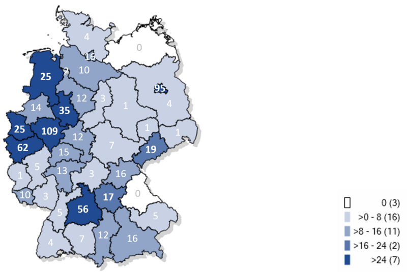 Kartographische Darstellung bisher gemeldeter Fälle an Masernerkrankungen in Deutschland 2024