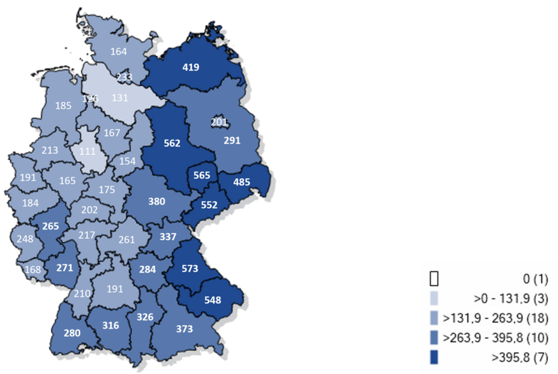 Kartographische Darstellung gemeldeter laborbestätgter Influenzafälle in Deutschland 2023/24 (Inzidenz pro 100.000 Einwohner)