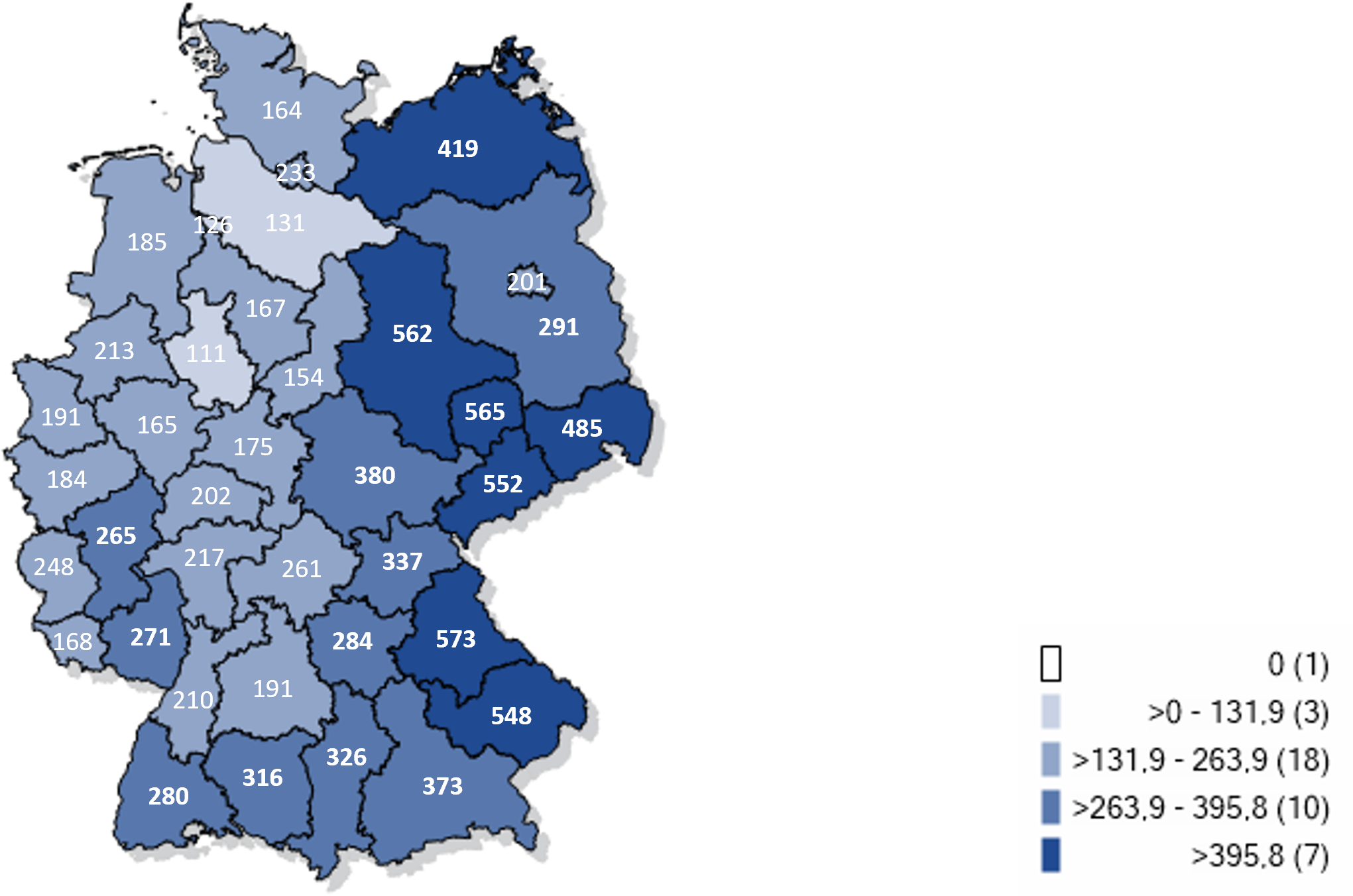 Kartographische Darstellung gemeldeter laborbestätgter Influenzafälle in Deutschland 2023/24 (Inzidenz pro 100.000 Einwohner)