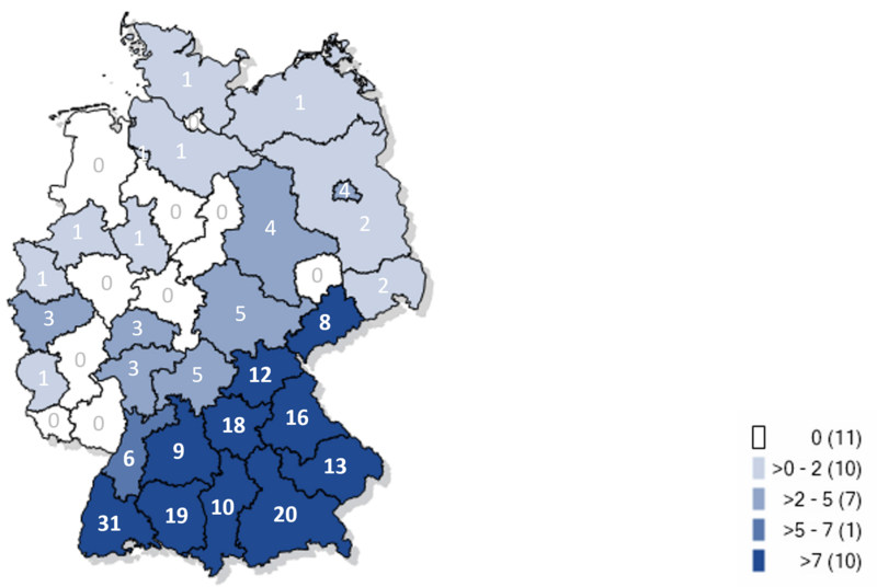 Kartographische Darstellung gemeldeter FSME-Fälle in Deutschland 2025