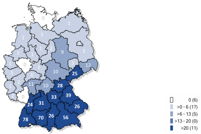 Kartographische Darstellung gemeldeter FSME-Fälle in Deutschland 2025