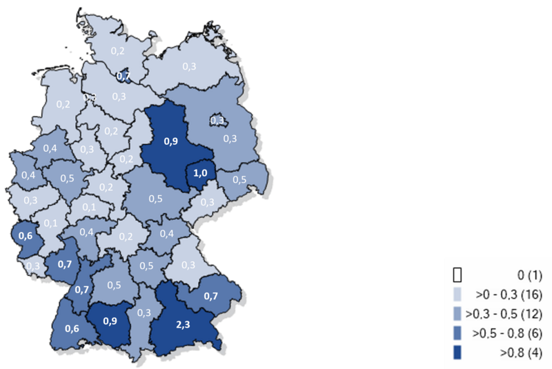 Kartographische Darstellung gemeldeter laborbestätigter Influenzafälle pro 100.000 Einwohner in Deutschland 2026/27 Kartographische Darstellung gemeldeter laborbestätgter Influenzafälle in Deutschland 2026/27 (Inzidenz pro 100.000 Einwohner)