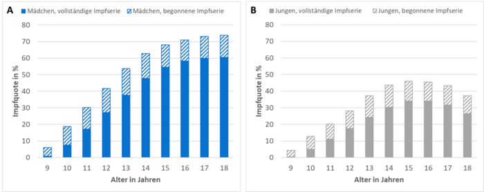 Altersabhängige HPV-Impfquoten bei Mädchen und Jungen in Deutschland im jahr 2023.