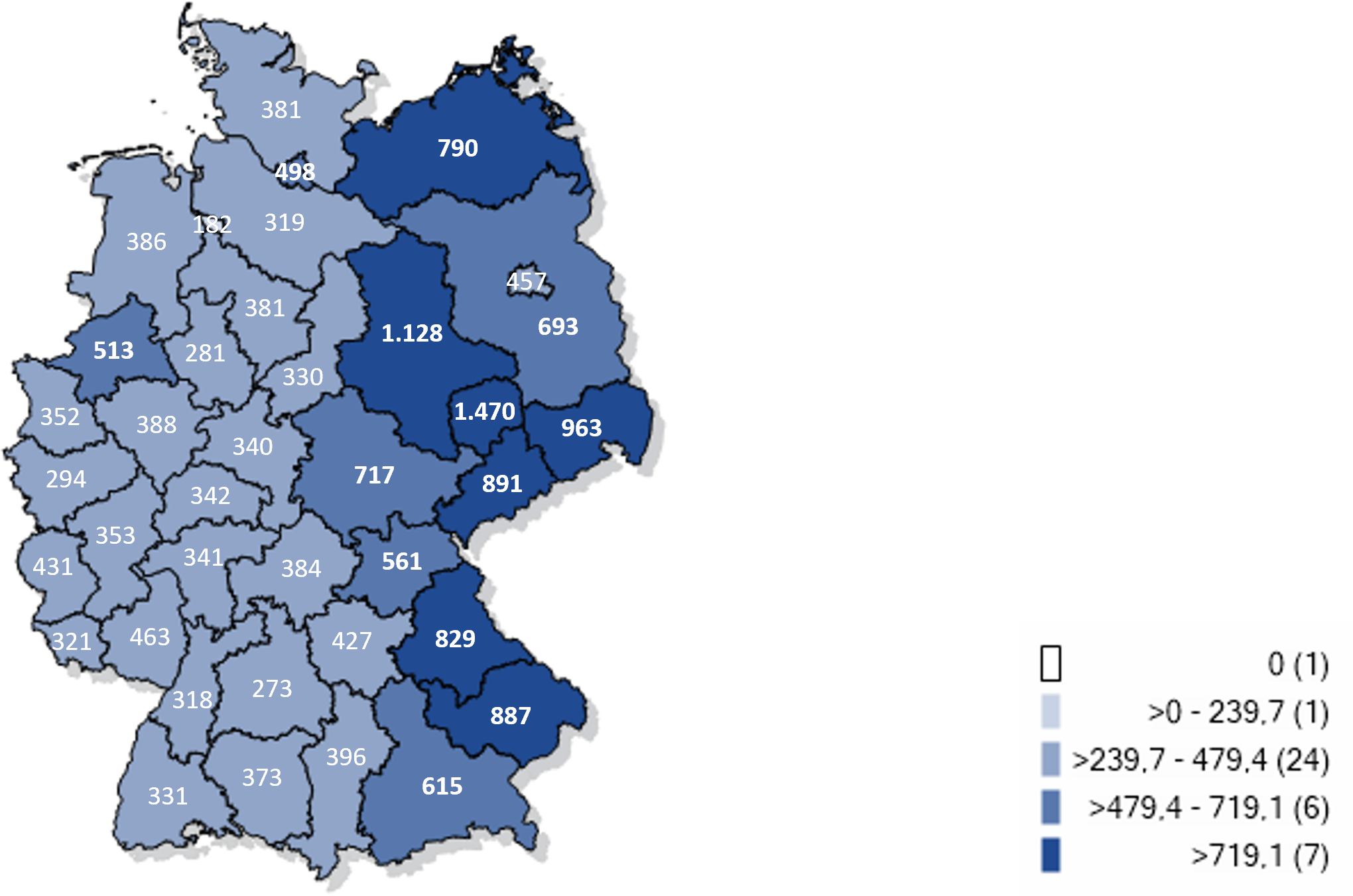Kartographische Darstellung gemeldeter laborbestätgter Influenzafälle in Deutschland 2024/25 (Inzidenz pro 100.000 Einwohner)