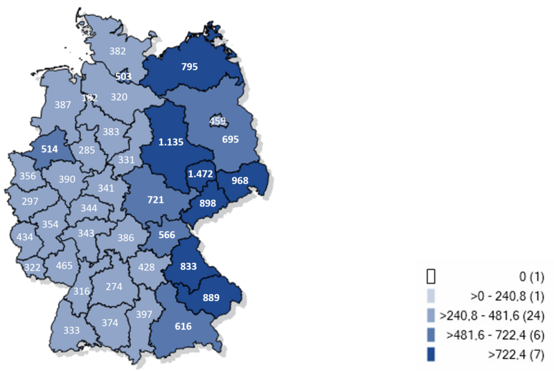 Kartographische Darstellung gemeldeter laborbestätigter Influenzafälle in Deutschland 2024/25 (Inzidenz pro 100.000 Einwohner)