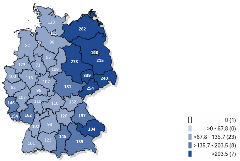 Kartographische Darstellung gemeldeter COVID-19-Meldefälle seit KW40/2025 in Deutschland (Inzidenz pro 100.000 Einwohner)