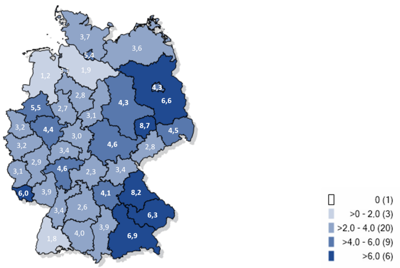 Kartographische Darstellung gemeldeter COVID-19-Meldefälle seit KW40/2025 in Deutschland (Inzidenz pro 100.000 Einwohner)