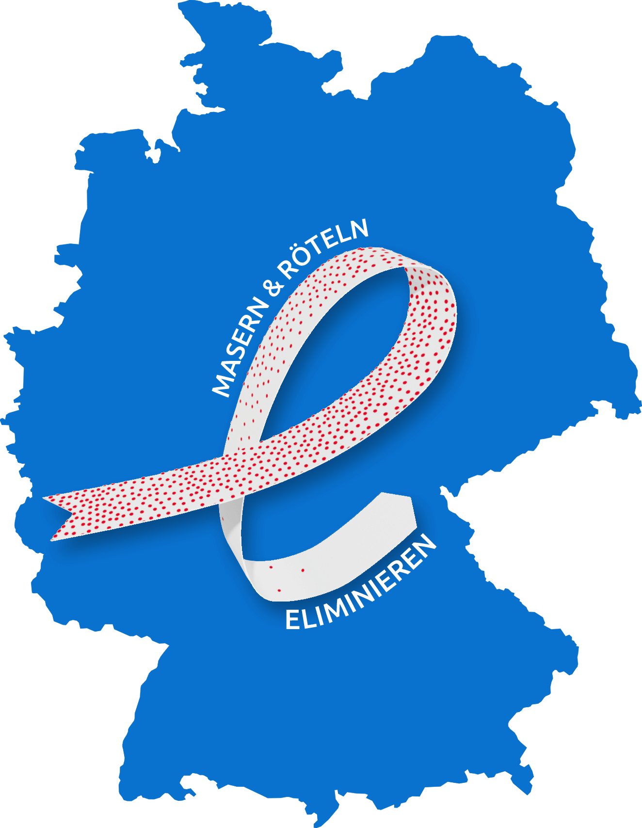 Das Bild zeigt eine blaue Deutschlandkarte. Auf der Karte liegt eine weiße Schleife. Am Anfang der Schleife sind viele rote Punkte drauf, die am Ende immer mehr verschwinden. Daneben der Text Masern und Röteln eliminieren.