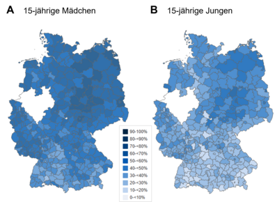 HPV-Impfquoten auf Kreisebene bei 15-Jährigen im Jahr 2024.