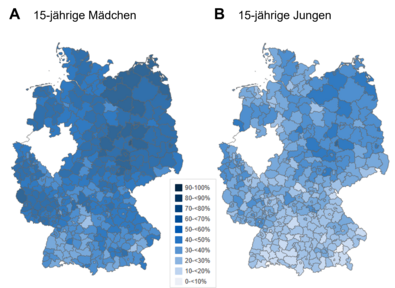 HPV-Impfquoten auf Kreisebene bei 15-Jährigen im Jahr 2023.