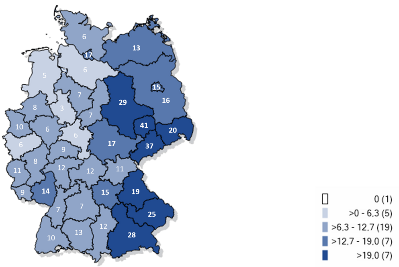 Kartographische Darstellung gemeldeter laborbestätgter Influenzafälle in Deutschland 2025/26 (Inzidenz pro 100.000 Einwohner)