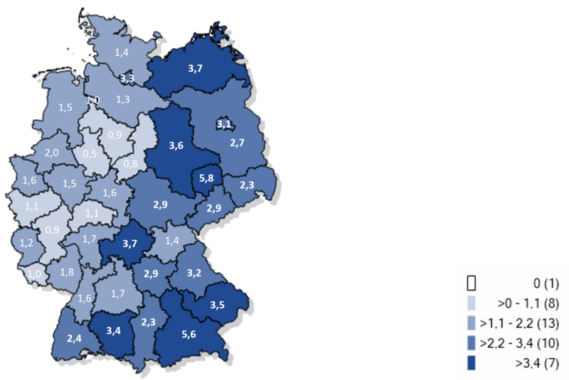 Kartographische Darstellung gemeldeter laborbestätgter Influenzafälle in Deutschland 2025/26 (Inzidenz pro 100.000 Einwohner)