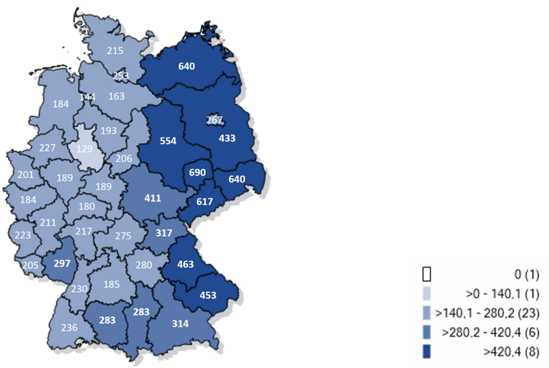 Kartographische Darstellung gemeldeter laborbestätgter Influenzafälle in Deutschland 2025/26 (Inzidenz pro 100.000 Einwohner)