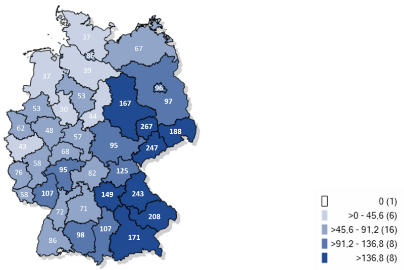Kartographische Darstellung gemeldeter laborbestätgter Influenzafälle in Deutschland 2025/26 (Inzidenz pro 100.000 Einwohner)