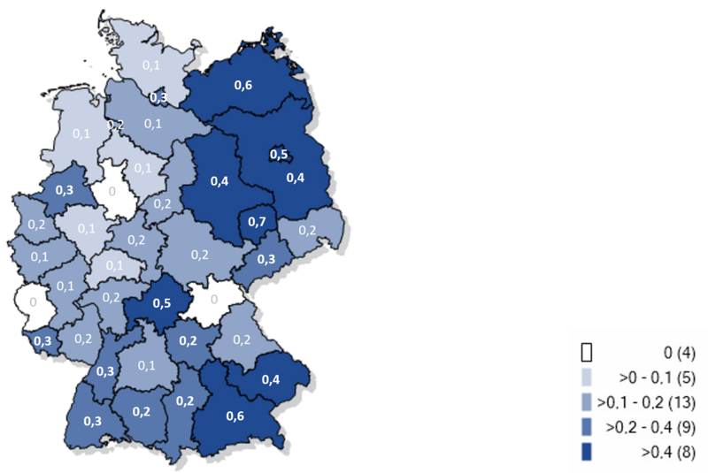 Kartographische Darstellung gemeldeter laborbestätgter Influenzafälle in Deutschland 2025/26 (Inzidenz pro 100.000 Einwohner)