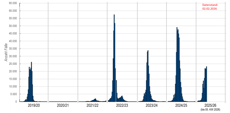 Säulendiagramm wöchentliche Influenzameldungen seit der Saison 2019/20