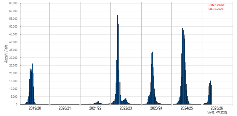 Säulendiagramm wöchentliche Influenzameldungen seit der Saison 2019/20