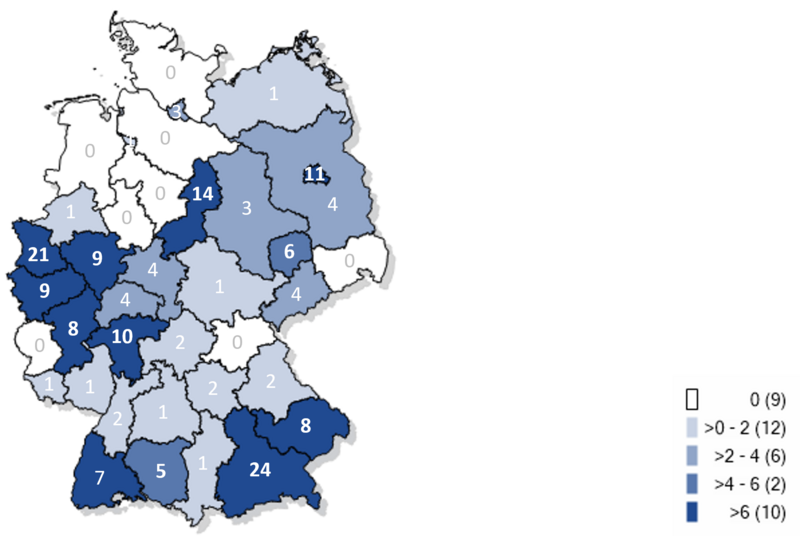 Kartographische Darstellung bisher gemeldeter Fälle an Masernerkrankungen in Deutschland 2025