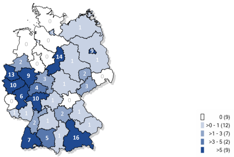 Kartographische Darstellung bisher gemeldeter Fälle an Masernerkrankungen in Deutschland 2024