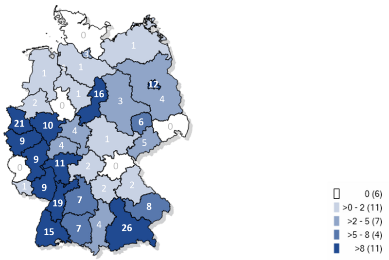 Kartographische Darstellung bisher gemeldeter Fälle an Masernerkrankungen in Deutschland 2025