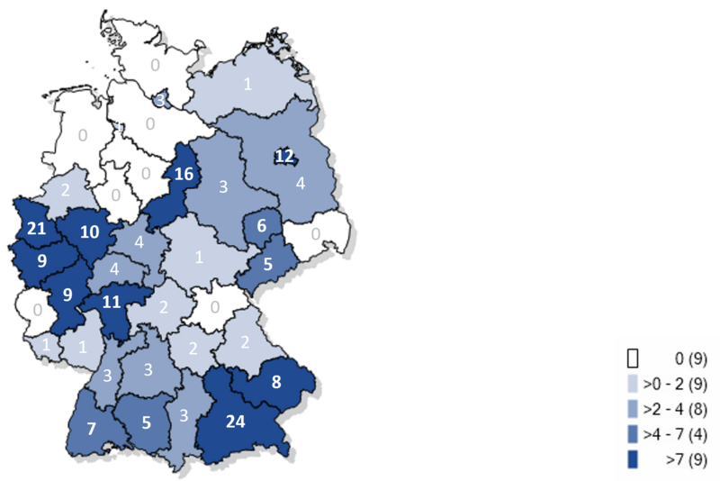 Kartographische Darstellung bisher gemeldeter Fälle an Masernerkrankungen in Deutschland 2025