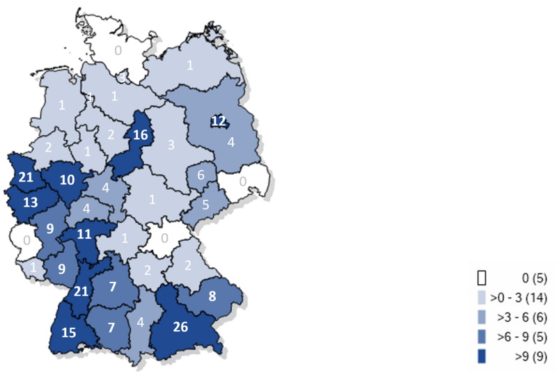 Kartographische Darstellung bisher gemeldeter Fälle an Masernerkrankungen in Deutschland 2025
