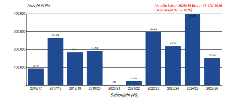 Säulendiagramm saisonale Influenzameldungen seit der Saison 2019/20 