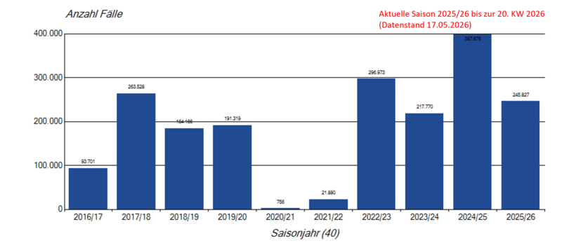 S&auml;ulendiagramm saisonale Influenzameldungen seit der Saison 2019/20 