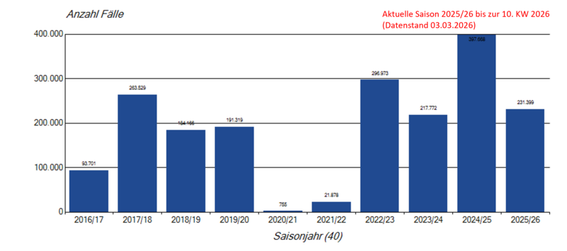 Säulendiagramm saisonale Influenzameldungen seit der Saison 2019/20 