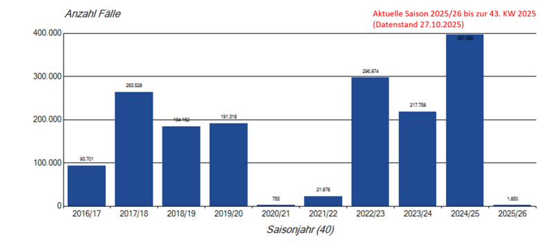Säulendiagramm saisonale Influenzameldungen seit der Saison 2019/20 