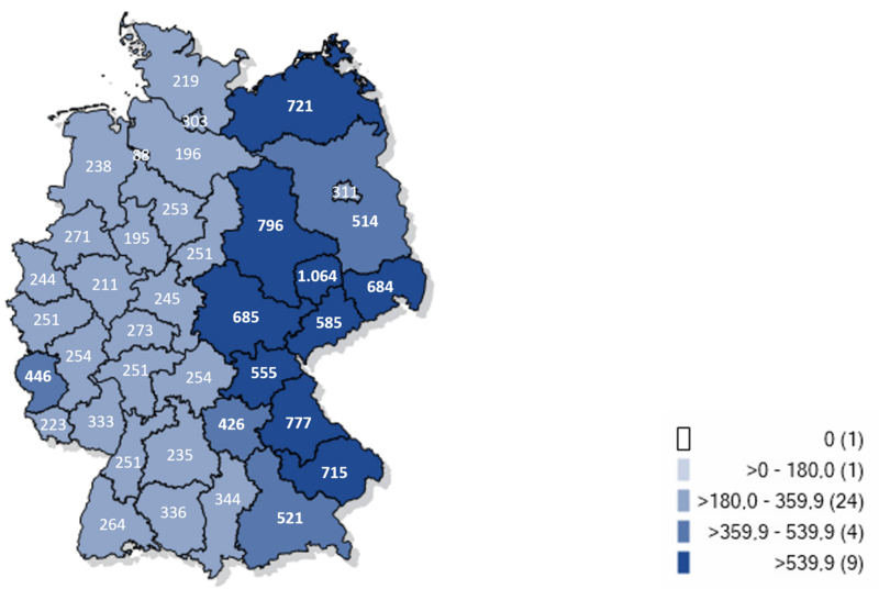 Kartographische Darstellung gemeldeter laborbestätgter Influenzafälle in Deutschland 2022/23 (Inzidenz pro 100.000 Einwohner)