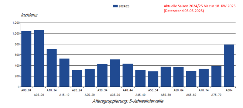 Säulendiagramm Laborbestätigte Influenza-Meldefälle pro 100.000 Einwohner nach Alter in der Saison 2024/25