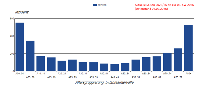 Laborbestätigte Influenza-Meldefälle pro 100.000 Einwohner nach Alter in der Grippesaison 2025/26 Säulendiagramm Laborbestätigte Influenza-Meldefälle pro 100.000 Einwohner nach Alter in der Saison 2025/26