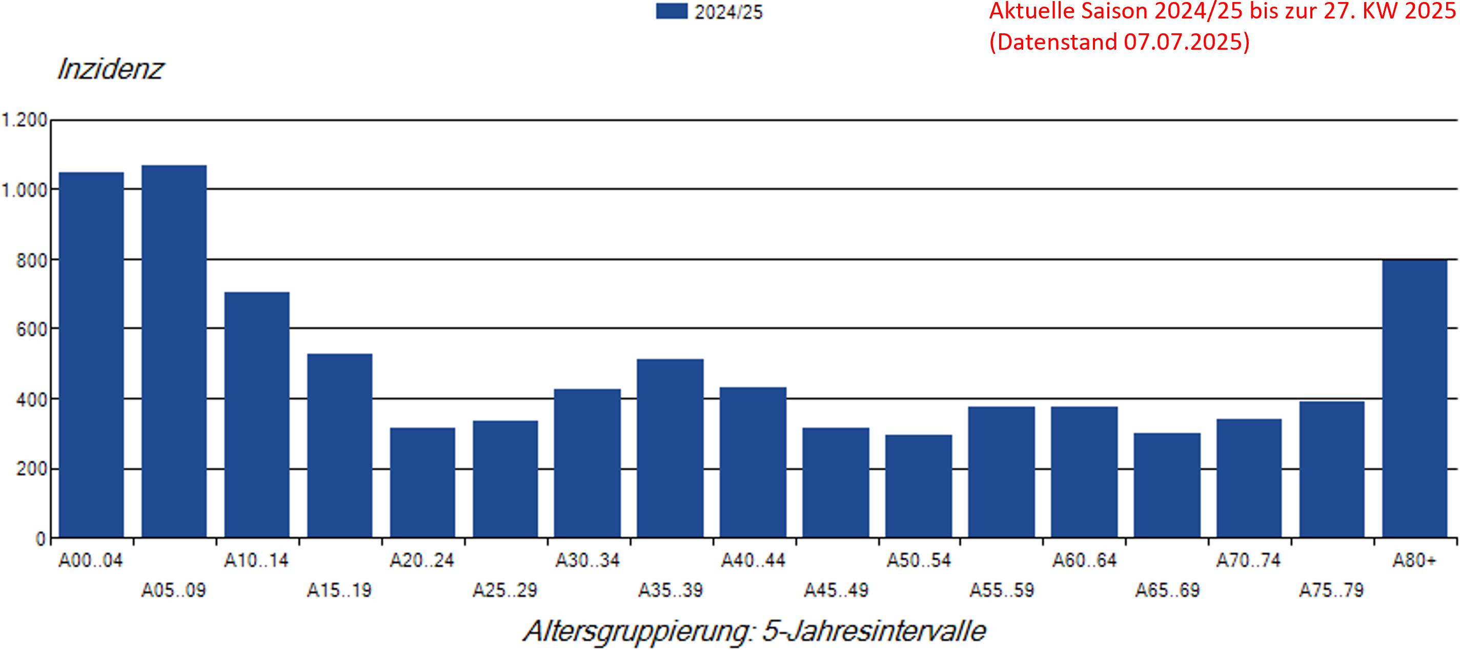Säulendiagramm Laborbestätigte Influenza-Meldefälle pro 100.000 Einwohner nach Alter in der Saison 2024/25
