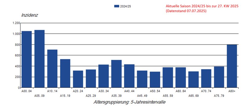 Säulendiagramm Laborbestätigte Influenza-Meldefälle pro 100.000 Einwohner nach Alter in der Saison 2024/25
