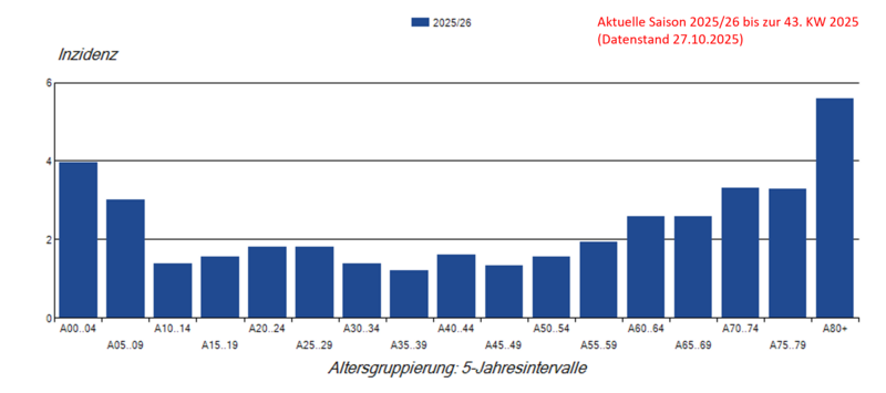 Säulendiagramm Laborbestätigte Influenza-Meldefälle pro 100.000 Einwohner nach Alter in der Saison 2025/26