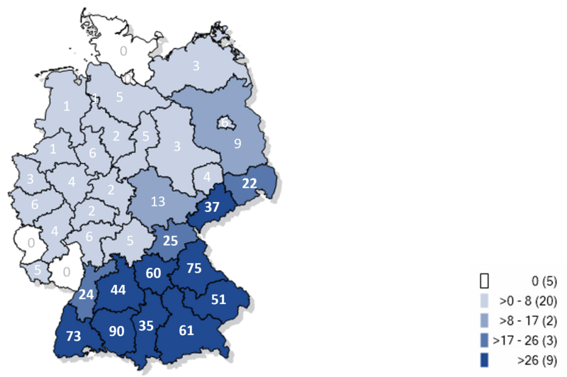 Kartographische Darstellung gemeldeter FSME-Fälle in Deutschland 2024