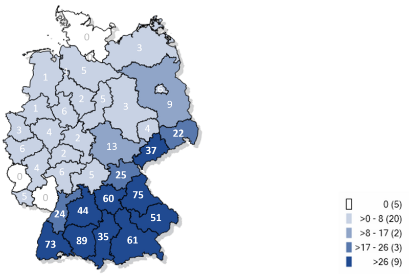 Kartographische Darstellung gemeldeter FSME-Fälle in Deutschland 2024
