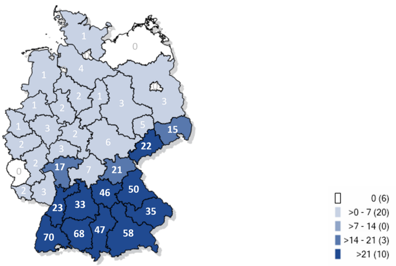 Kartographische Darstellung gemeldeter FSME-Fälle in Deutschland 2022