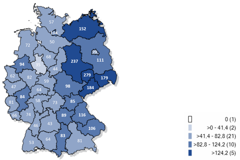 Kartographische Darstellung gemeldeter laborbest&auml;tigter RSV-F&auml;lle in Deutschland 2024/25 (Inzidenz pro 100.000 Einwohner)