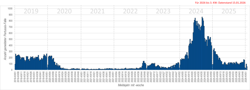 Säulendiagramm der wöchentlichen Meldungen von Keuchhusten seit 2019 Säulendiagramm der wöchentlichen Meldungen von Keuchhusten in den Jahren 2019 bis 2026