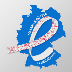 Masern und Rötel in Deutschland eliminieren Das Bild zeigt eine blaue Deutschlandkarte. Auf der Karte liegt eine weiße Schleife. Am Anfang der Schleife sind viele rote Punkte drauf, die am Ende immer mehr verschwinden. Daneben der Text Masern und Röteln eliminieren.