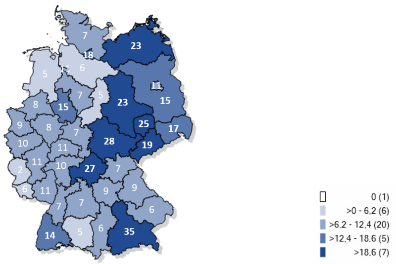 Kartographische Darstellung gemeldeter Fälle an Keuchhustenerkrankungen pro 100.000 Einwohnern in Deutschland 2019