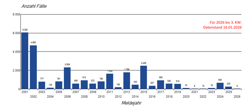 Jährliche Masernmeldungen seit 2001 Säulendiagramm jährliche Masernmeldungen seit 2001