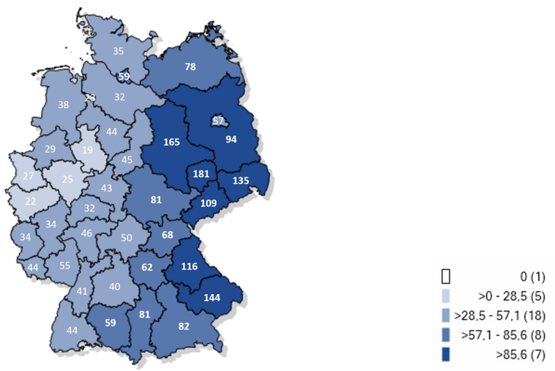 Kartographische Darstellung gemeldeter laborbest&auml;tigter RSV-F&auml;lle in Deutschland 2025/26 (Inzidenz pro 100.000 Einwohner)