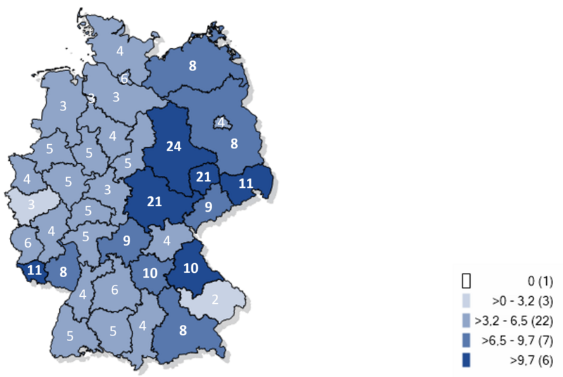 Kartographische Darstellung gemeldeter Fälle von Keuchhustenerkrankungen auf Gebietsebene pro 100.000 Einwohnern in Deutschland 2025