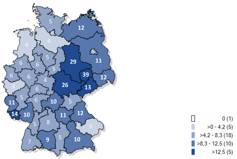 Kartographische Darstellung bereits gemeldeter Fälle an Keuchhustenerkrankungen pro 100.000 Einwohnern 2025 Kartographische Darstellung gemeldeter Fälle von Keuchhustenerkrankungen auf Gebietsebene pro 100.000 Einwohnern in Deutschland 2025